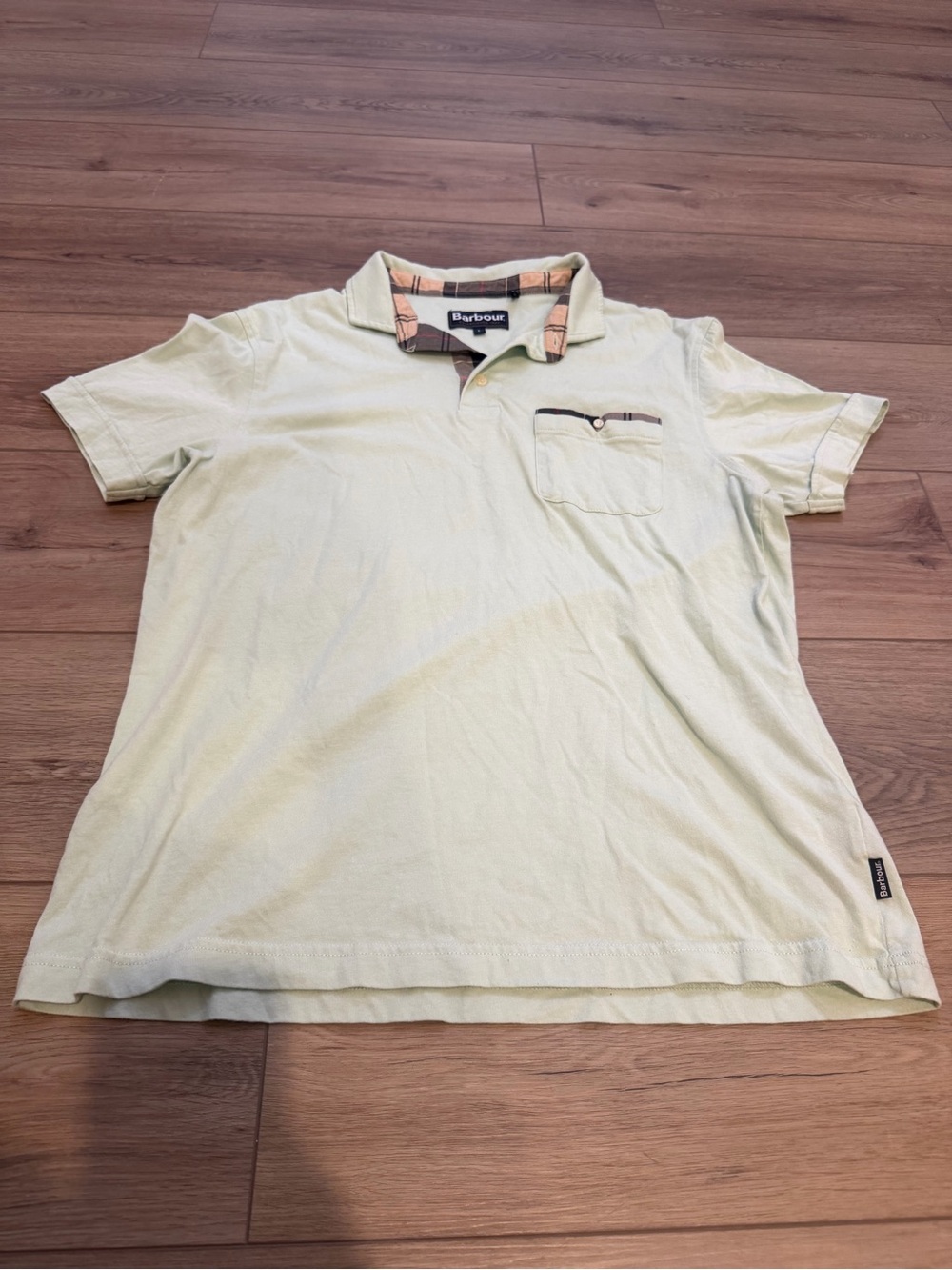 Barbour Mint Green Tartan Trim Polo Shirt Size L